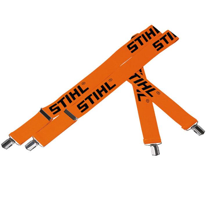 Bretelle Stihl arancioni con clip in metallo.