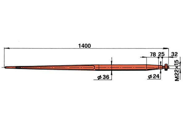 Forca a punta conica 36x1400 rosso, completa di dado per caricatori di rotoballe, balle e balloni