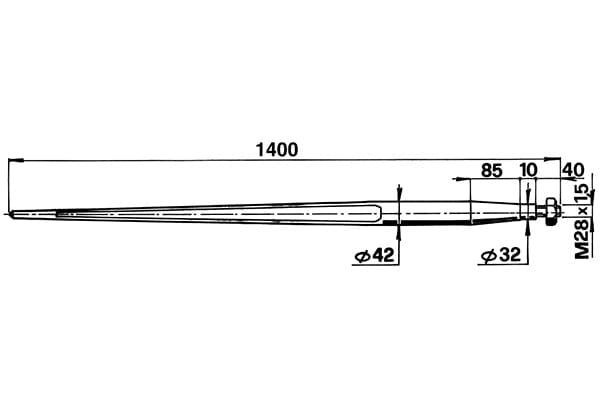 Forca a punta conica 42x1400 completa di dado per caricatori di rotoballe, balle e balloni