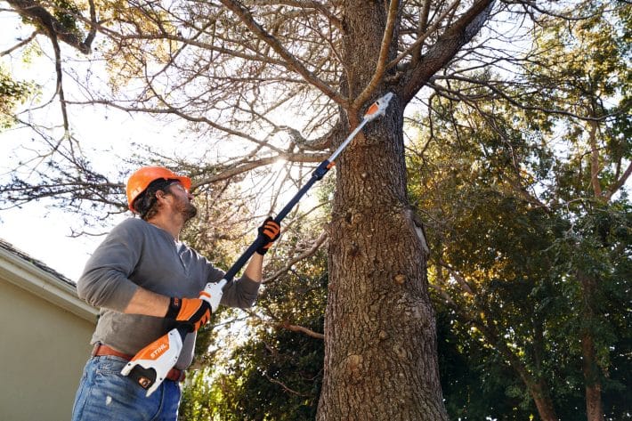Potatore a batteria ad asta fissa Stihl HTA 50 con lunghezza massima di 280cm.