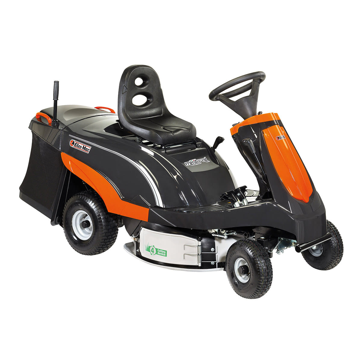 Trattorino rasaerba Rider con raccolta OleoMac Mistral 72/13 H con motore da 344cm3 e larghezza di taglio da 72cm.