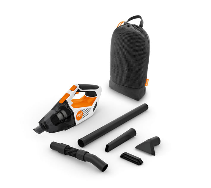 Aspirapolvere a batteria portatile Stihl SEA 20 fornito con batteria e caricatore.