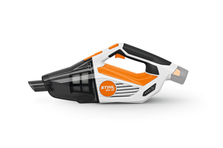 Aspirapolvere a batteria portatile Stihl SEA 20 fornito con batteria e caricatore.