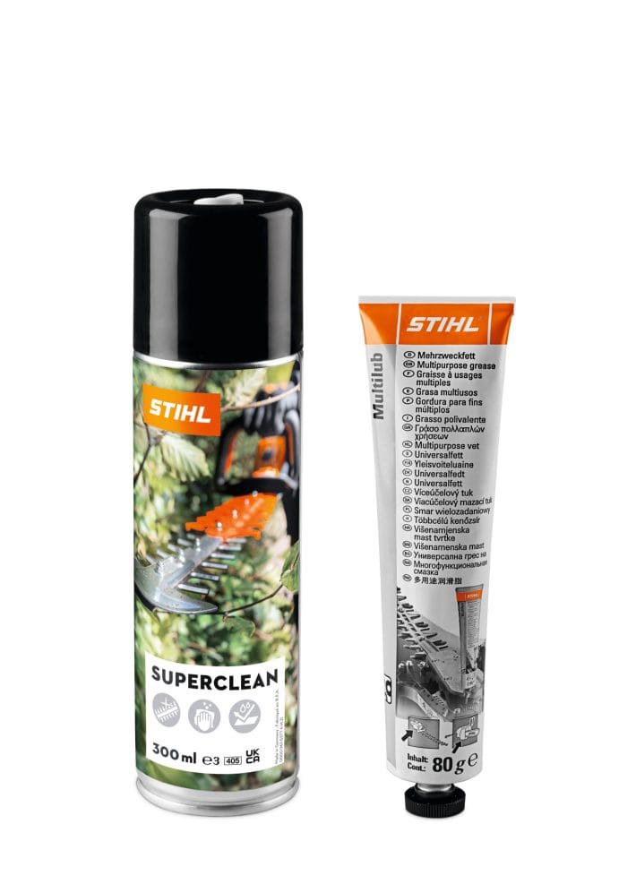 CARE & CLEAN KIT HS STIHL PLUS per pulizia e manutenzione tagliasiepi e tosasiepi.