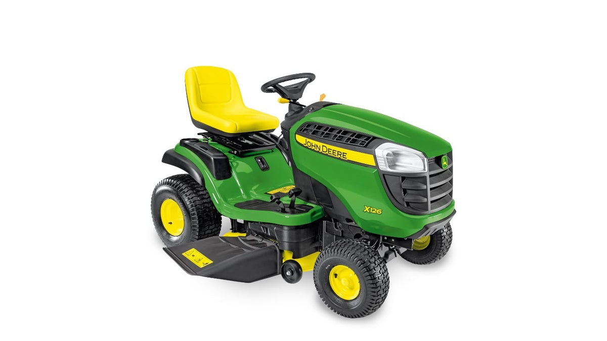 Trattorino rasaerba a scarico laterale John Deere X127 da 656cc con piatto di taglio da 107cm.