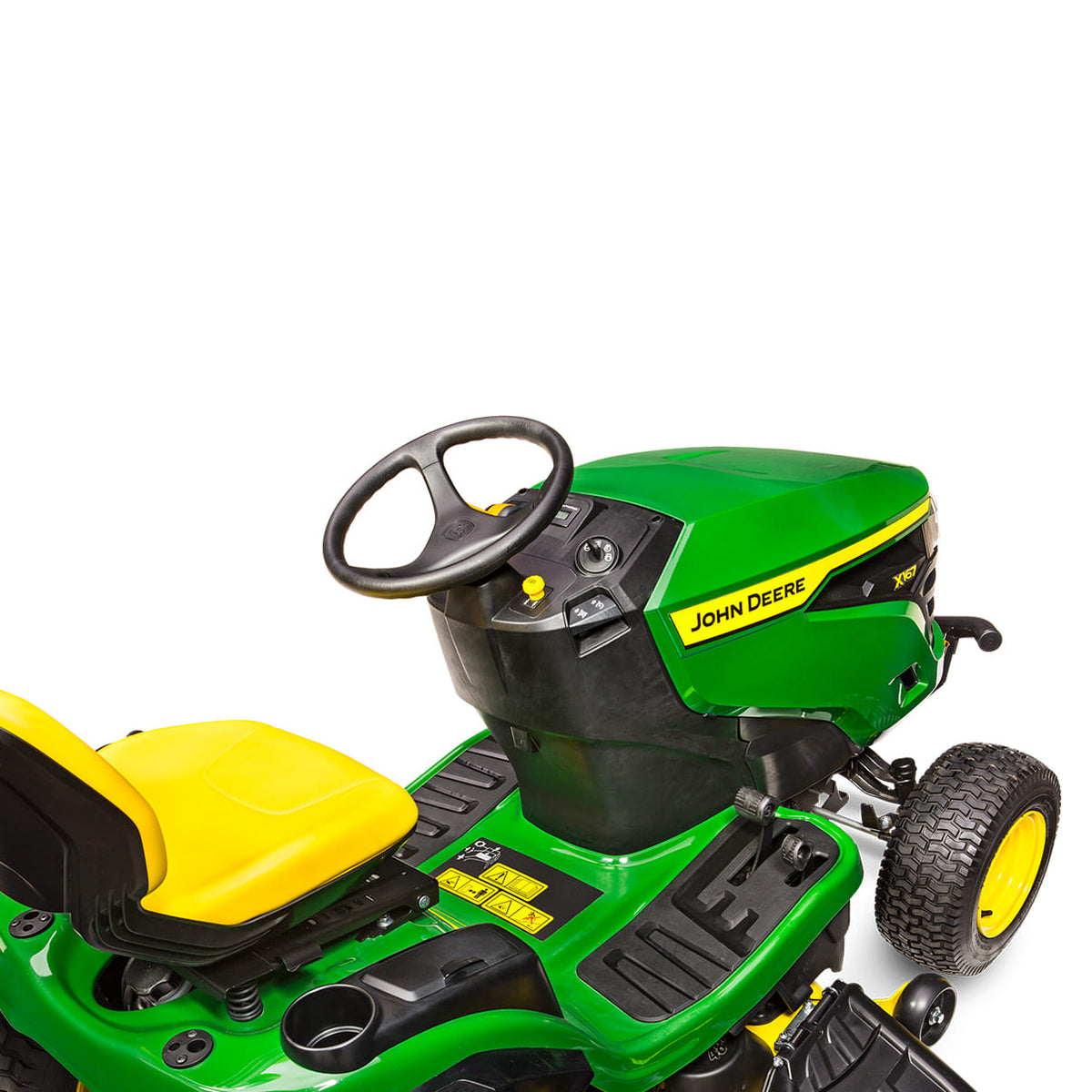Trattorino rasaerba a scarico laterale John Deere X167 da 724cc con piatto di taglio da 122cm.