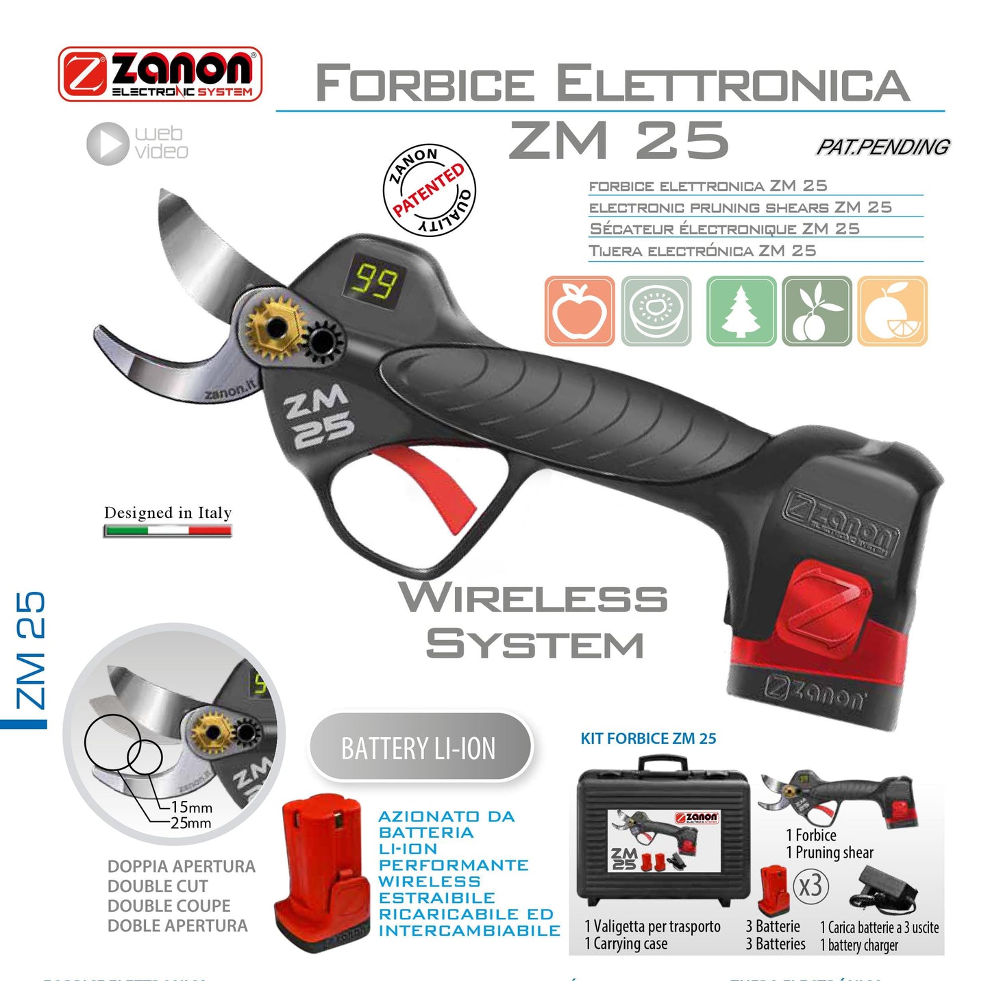 Kit forbice da potatura Zanon ZM 25 con 3 batterie LI-ION